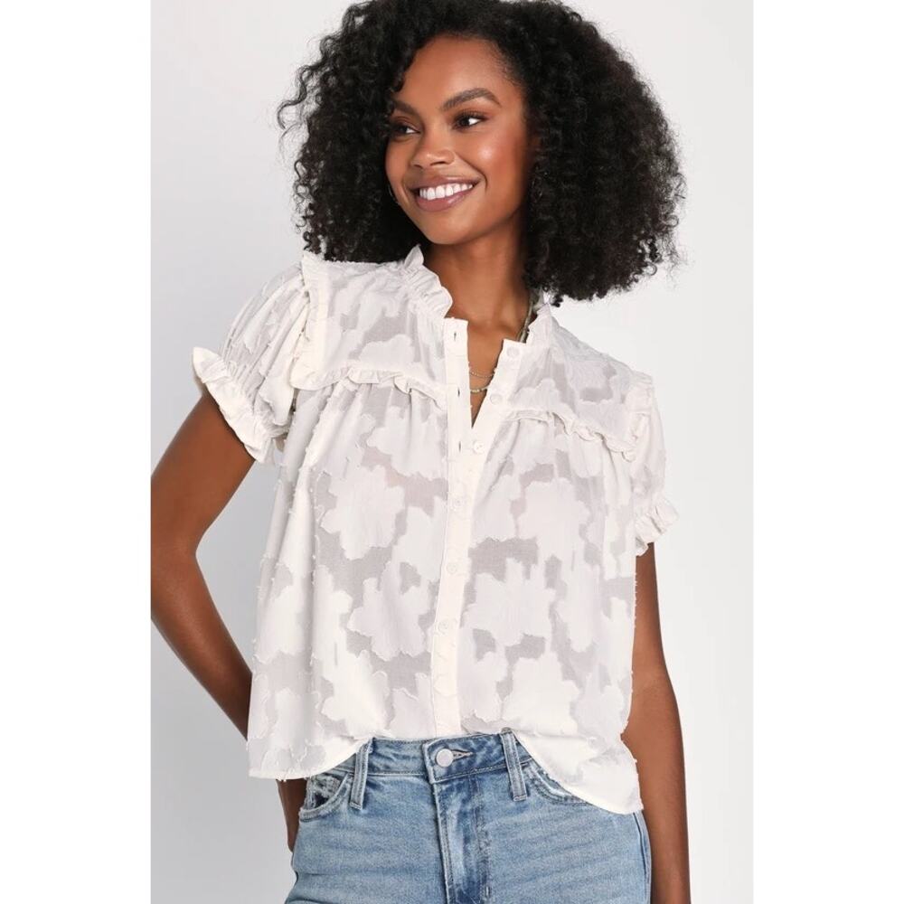 Lulus Ivory Floral Sheer Lace Puff Sleeve Top XS Jacquard Burnout Button Down